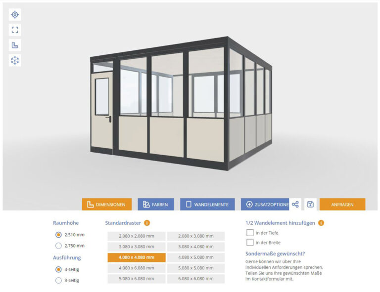 Übersicht des Bückeburger Raumsysteme® Konfigurators – Individuelle Planung von Hallenbüros und Trennwandsystemen